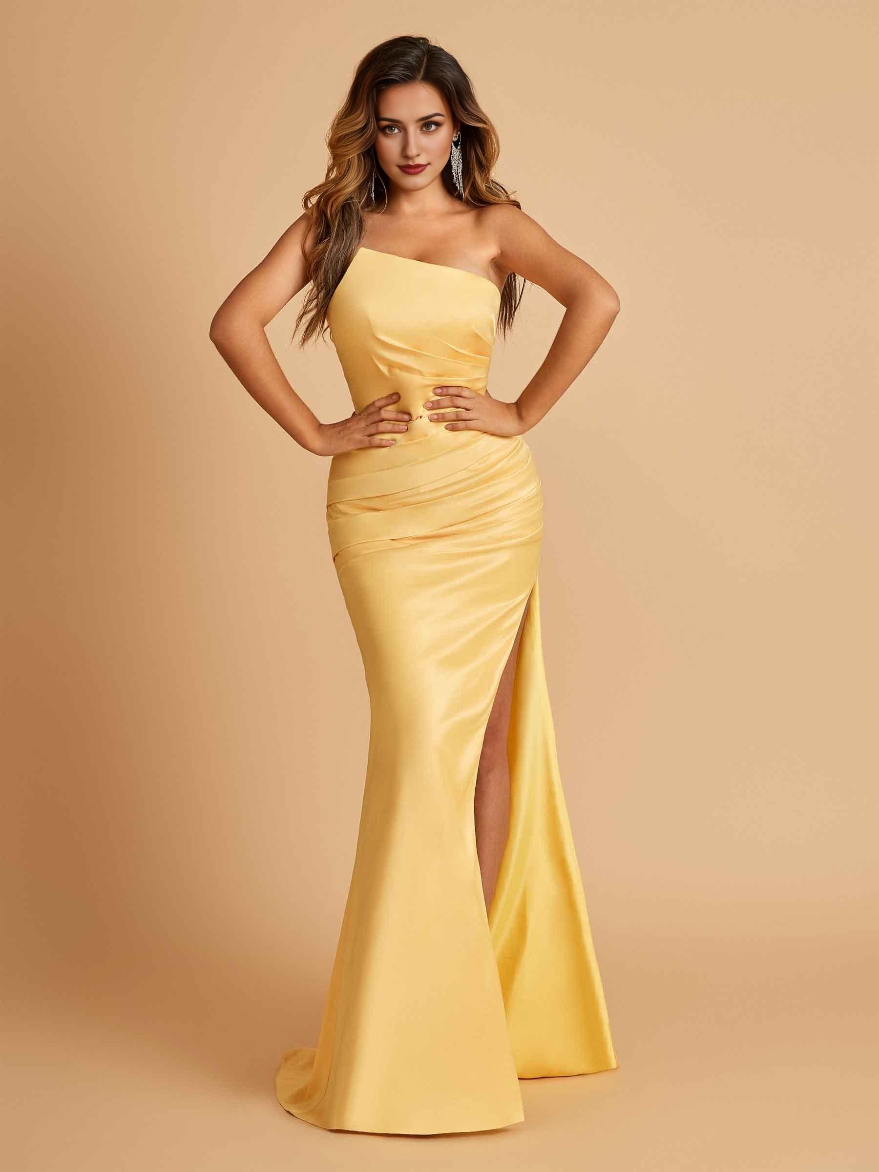 Sexy Strapless Long Prom Dresses Satin Side Slit Pleats Floor Length Sheath